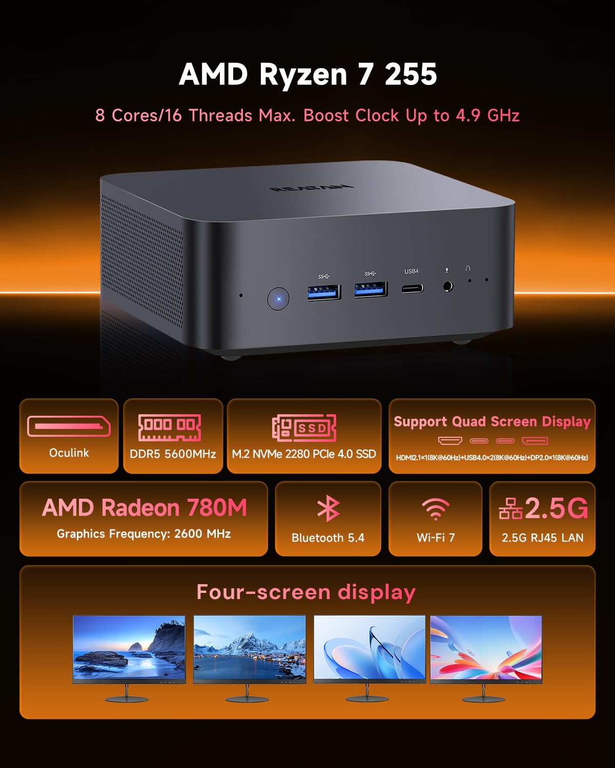 X7 Mini PC, AMD Ryzen 7 255 32GB DDR5 RAM 1TB PCIE4.0 NVMe SSD