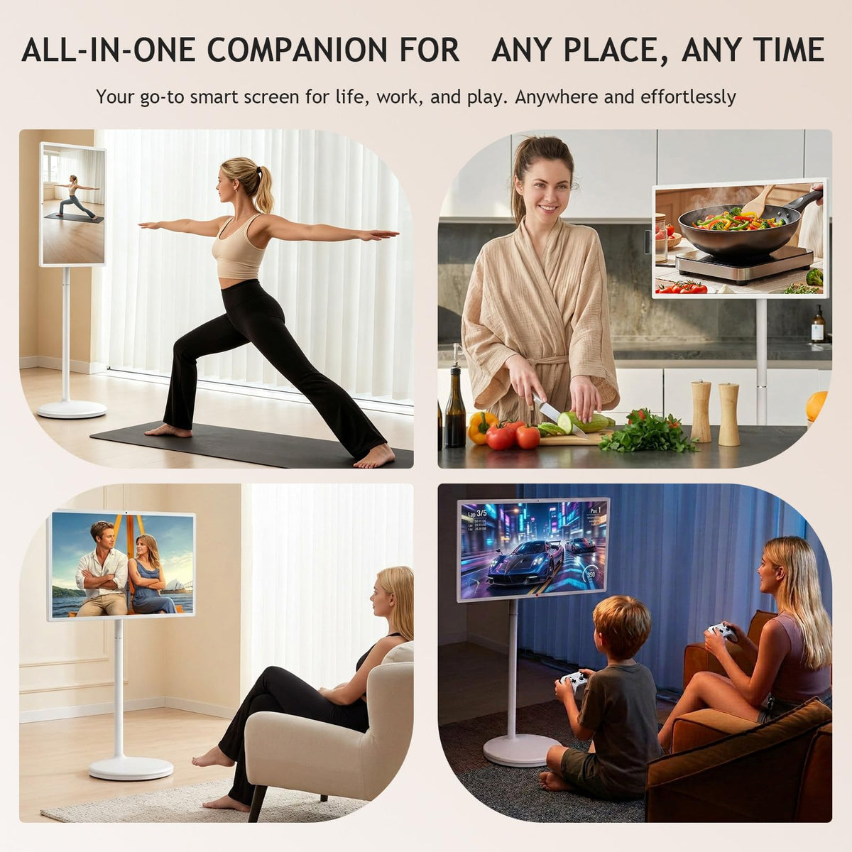 Smart Portable FHD Touchscreen TV on Wheels, Android 13, 8GB RAM + 128GB Storage, 32" 1080P Display, 10W Speakers, Long Battery Life (6-8 Hours), Built-in Camera