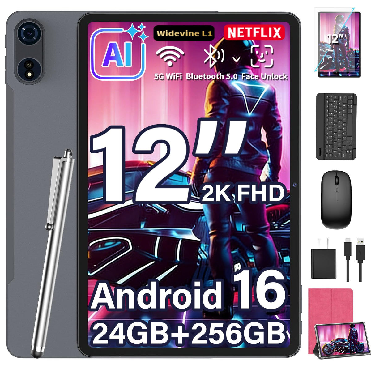 2026 Android 16 Tablet, 12 inch Tablet with Keyboard, 24GB+256GB+2TB Expand