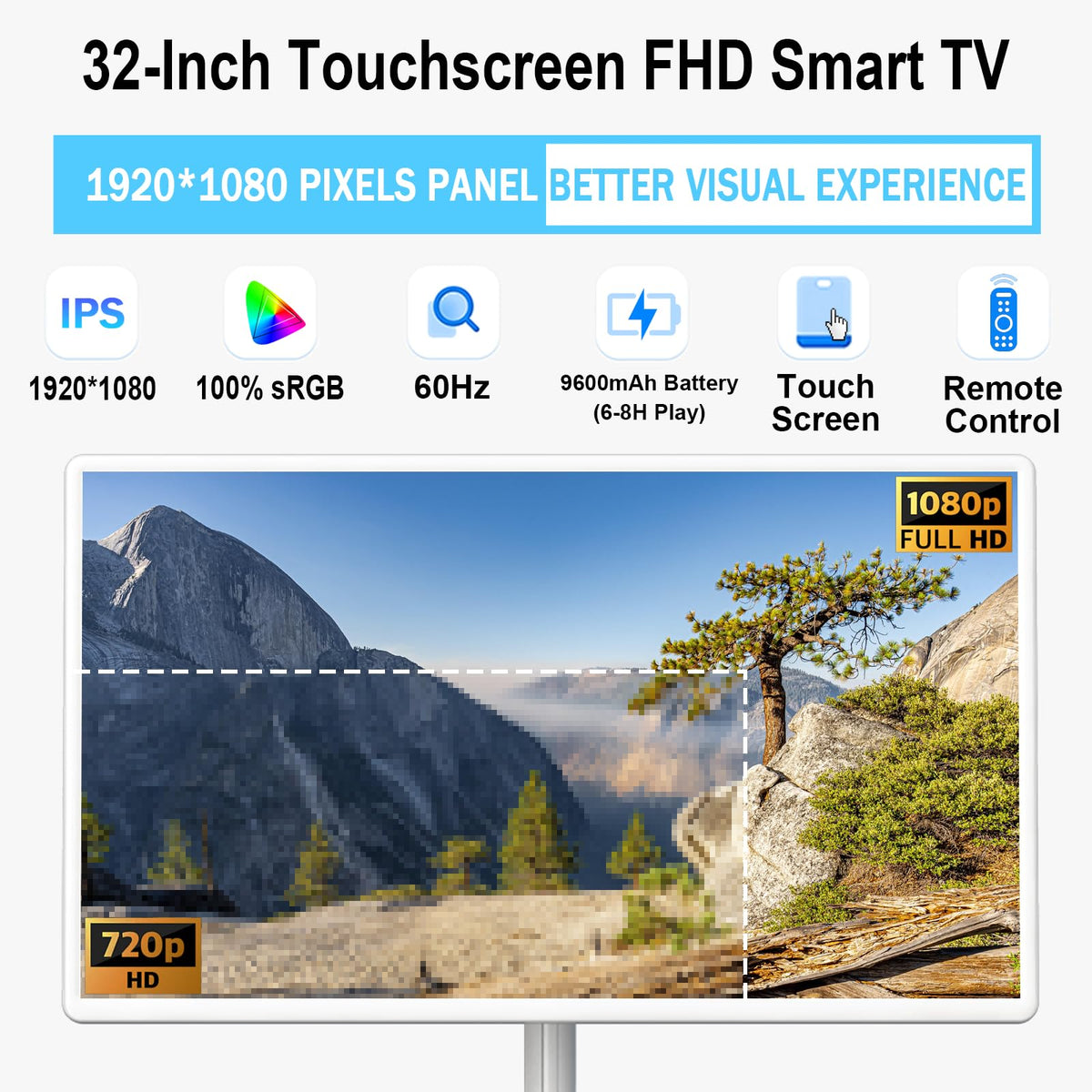 32-Inch FHD Smart Portable TV, Rolling TV on Wheels, Built-in Battery, Android 15 OS, Touch Screen Monitor, 6GB RAM + 128GB Storage, 8MP Camera, Full Swivel Rotation, Voice Remote