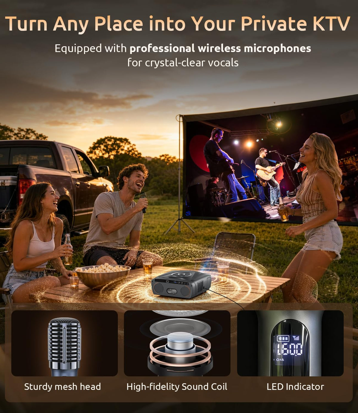 4K Google TV Projector with 2 Wireless Microphones for Home Karaoke & Backyard Parties, 3000 ANSI Lumens, 70W Dolby Audio, ToF Auto Focus/Keystone, NFC Casting, WiFi 6 Bluetooth, HDMI ARC, AI-PQ HDR10