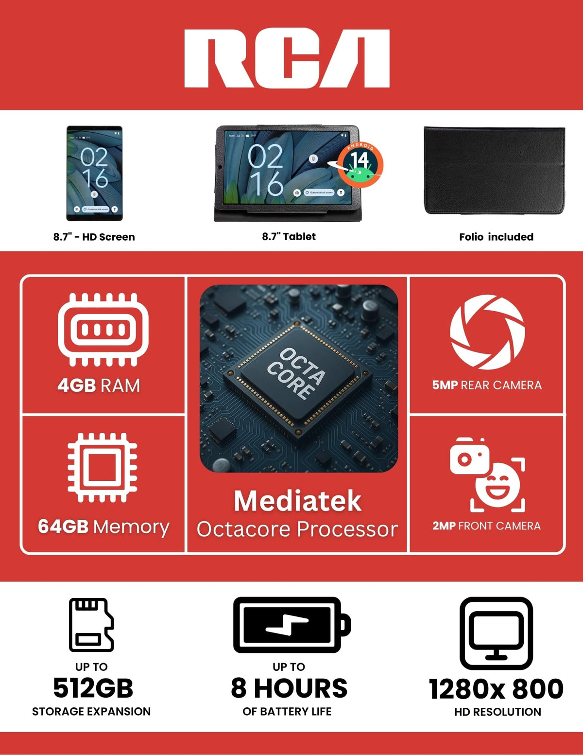 RCA 8” Tablet MediaTek MT8781/G99, Octa Core, 4GB Memory 64GB Storage, 2 MP Front Camera, 5 MP Rear Camera, Android 14