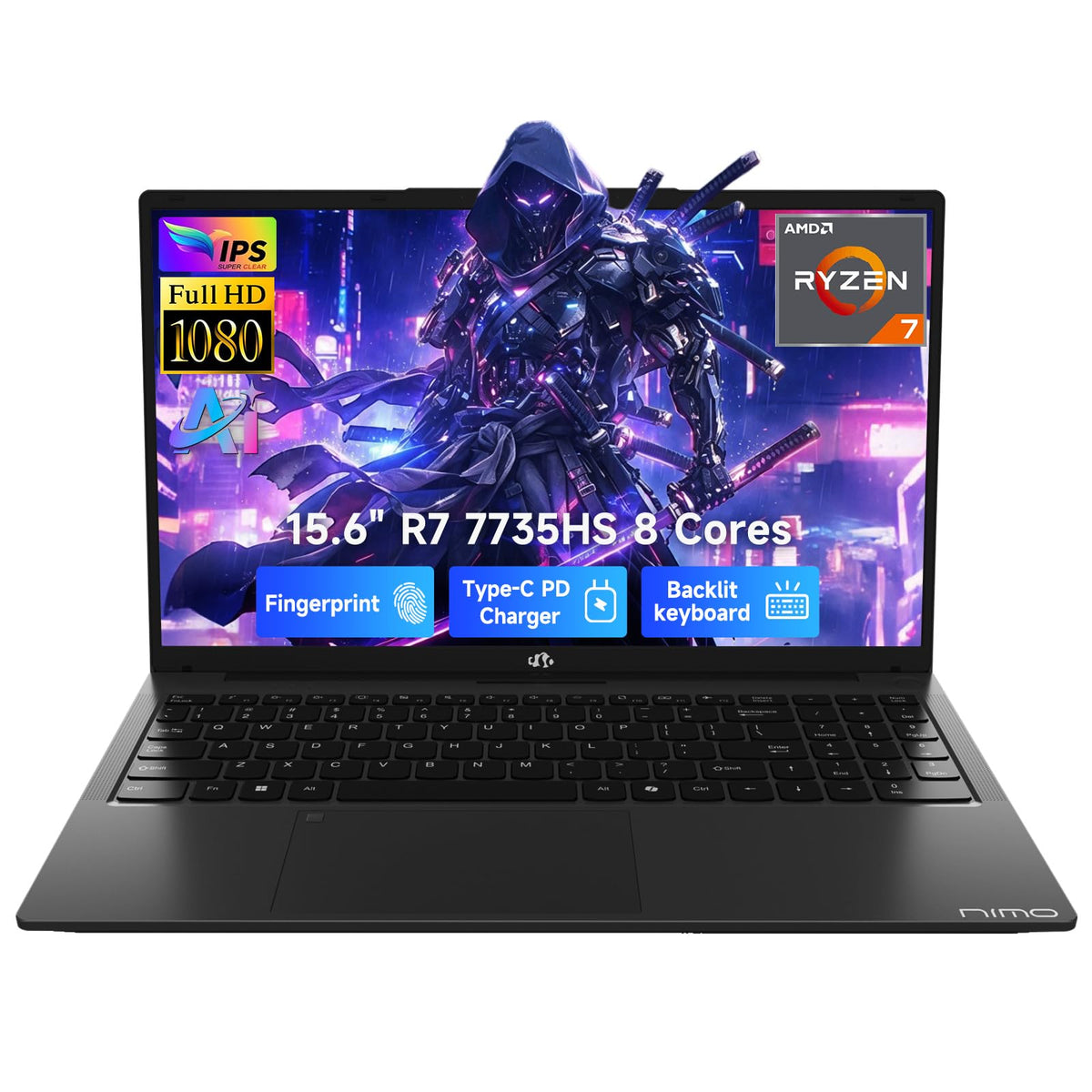 NIMO 15.6" FHD Light Gaming Laptop, 8 Cores AMD R7 7735HS 16GB RAM 1TB SSD