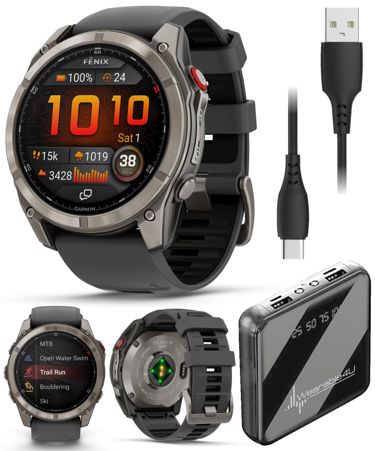Wearable4U Garmin Fenix 8 Pro – 51mm AMOLED LTE & Satellite Connected Multisport GPS Smartwatch, inReach Technology: Sapphire Carbon Gray DLC Titanium w/Black-Pebble Gray Silicone Band Power Bundle