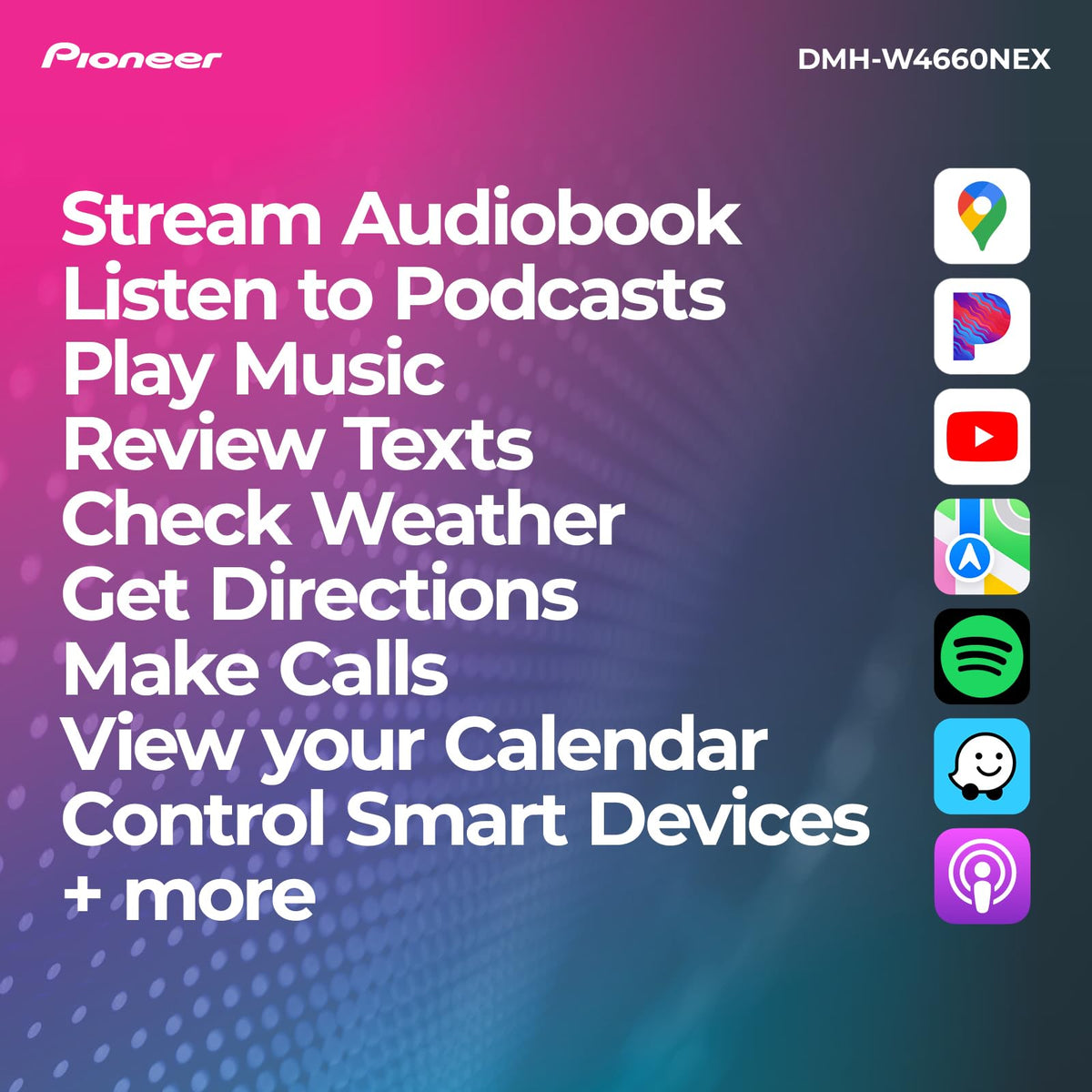 Pioneer DMH-W4660NEX 6.8" Capacitive Touchscreen, Double Din – Wireless & Wired Apple CarPlay & Android Auto, Amazon Alexa Built-in, Bluetooth, HD Radio, Backup Camera, FLAC, Hi-Volt RCA