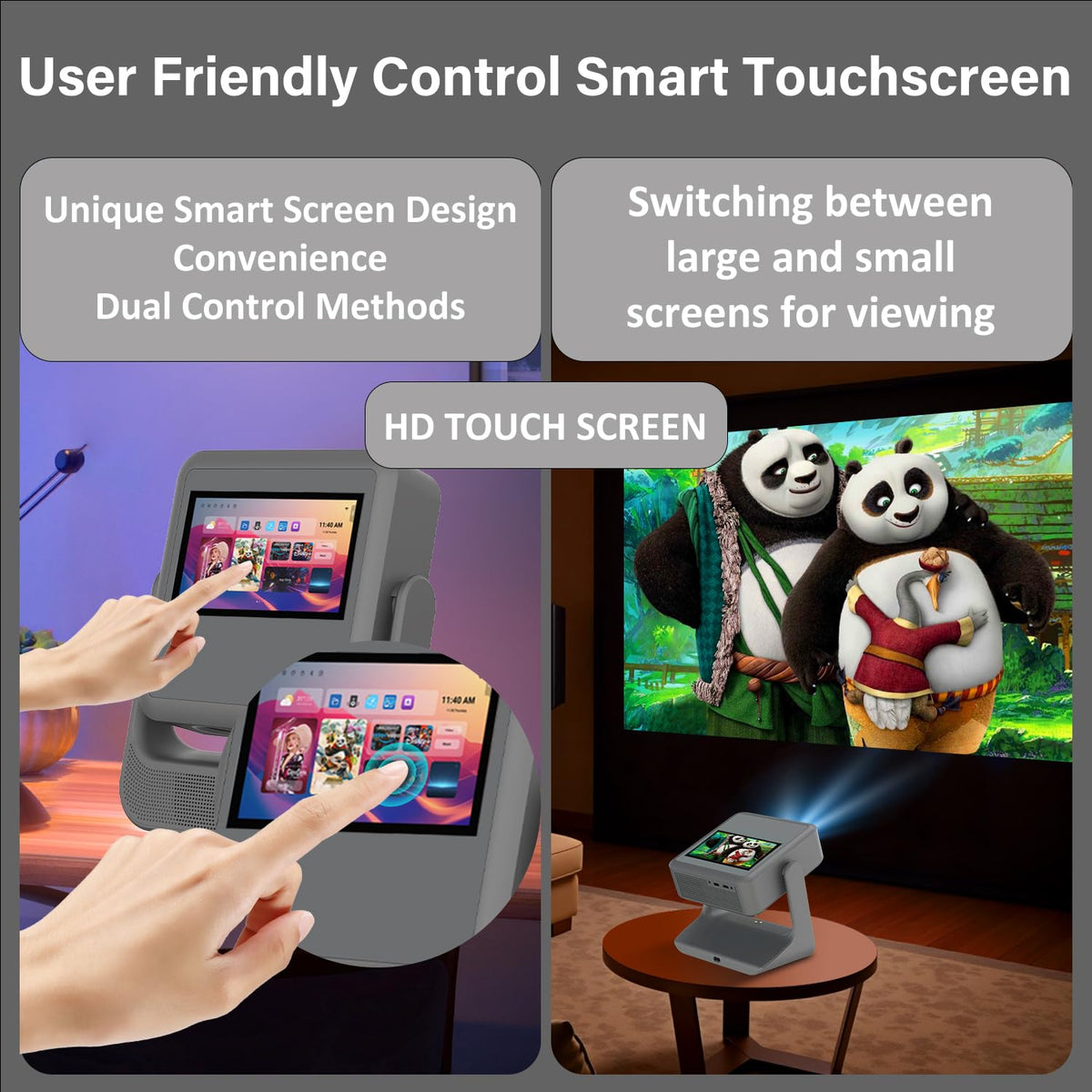 TouchScreen Smart Portable Projector,A2Ultra 4K Support Outdoor Projector with WiFi6 and Bluetooth, 800 ANSI Dual-Screen Sync,1000+ Apps, Auto Focus Movie Proyector for Home Theater/Outdoor/Gaming