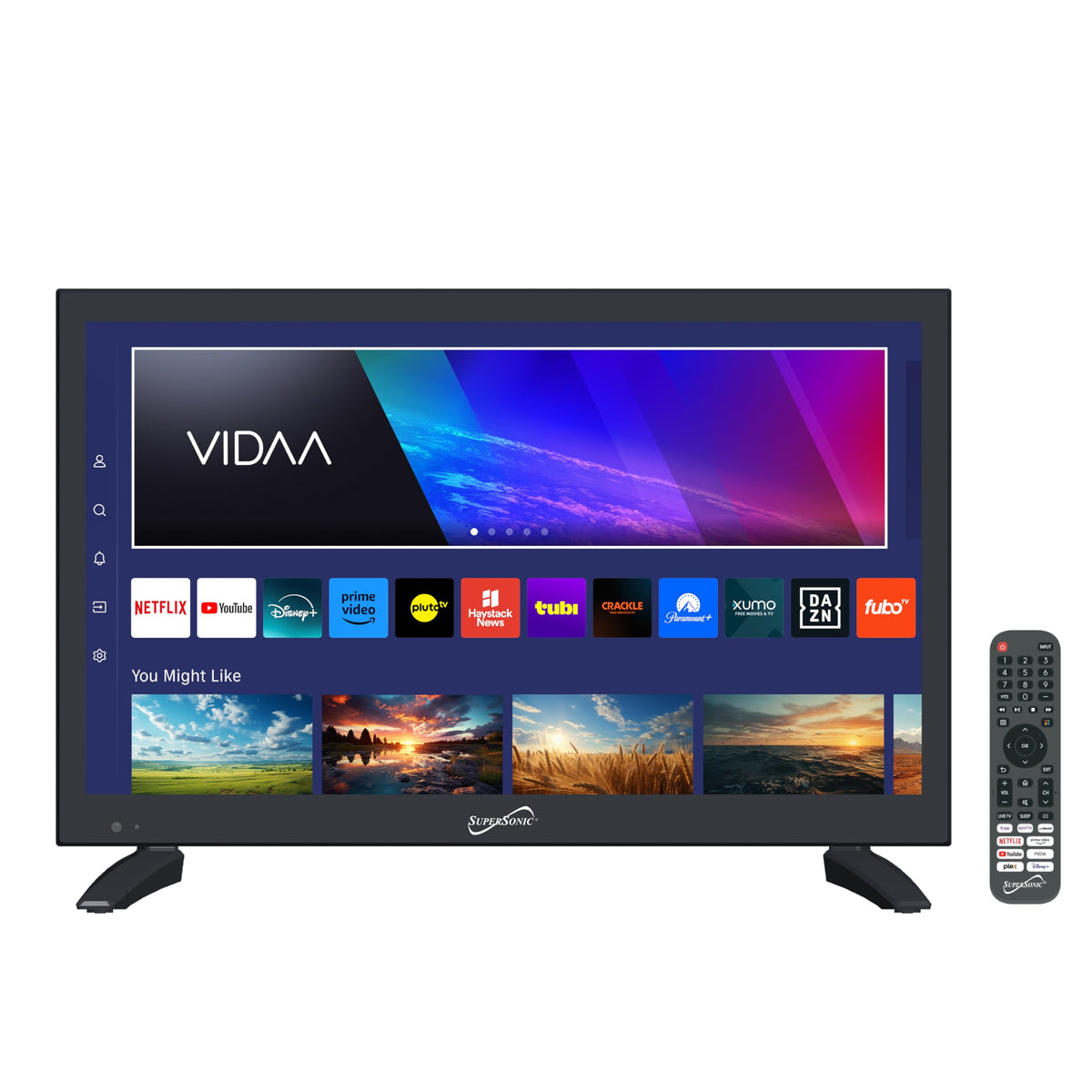 Supersonic SC-1920VTV 18.5inch Smart AC/DC LED TV, Powered by VIDAA, 1080p, WiFi, Built-in Speakers, USB, 3X HDMI ARC, for Kitchen, RV, Boat, Truck, Playroom, Dorm Room, Remote, DC Car Cord Included