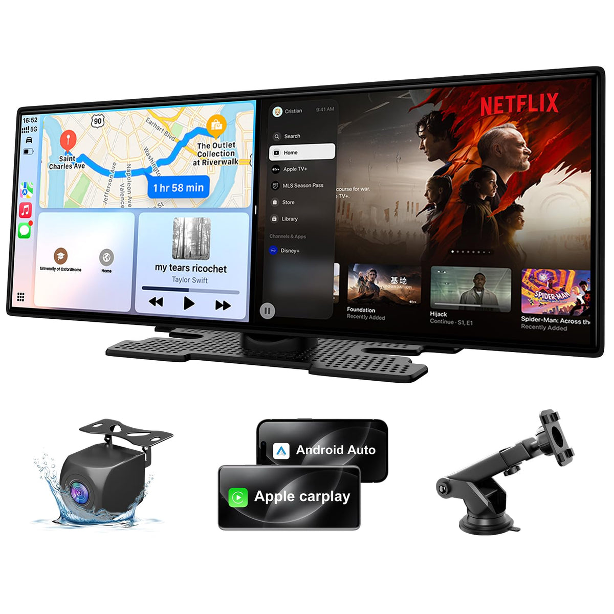11'' Wireless Carplay Screen with Net-Flix YouTube Apps and Backup Camera, Upgraded in-Cell HD Touchscreen with CarPlay & Android Auto, WiFi, GPS Navigation Voice Assistant for All Vehicles