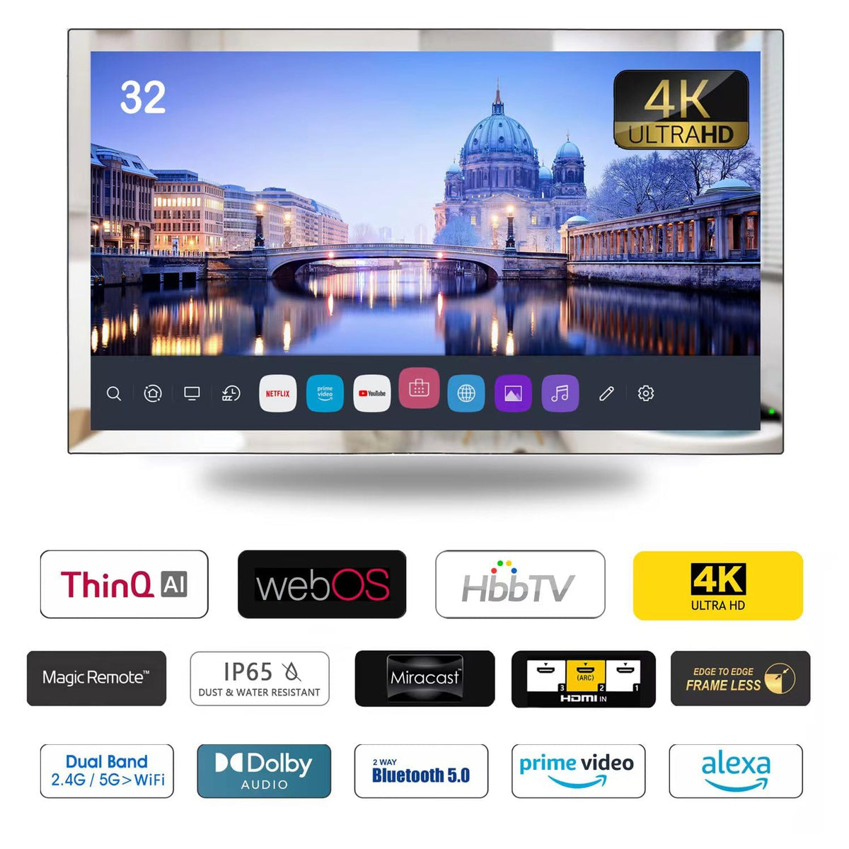 31.5" 4K Screen Smart Mirror LED TV IP65 Waterproof for Bathroom Hotel Spa Decoration with WiFi Bluetooth webOS Voice Control