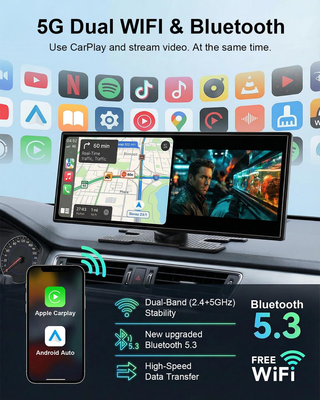 11'' Wireless Carplay Screen with Net-Flix YouTube Apps and Backup Camera, Upgraded in-Cell HD Touchscreen with CarPlay & Android Auto, WiFi, GPS Navigation Voice Assistant for All Vehicles