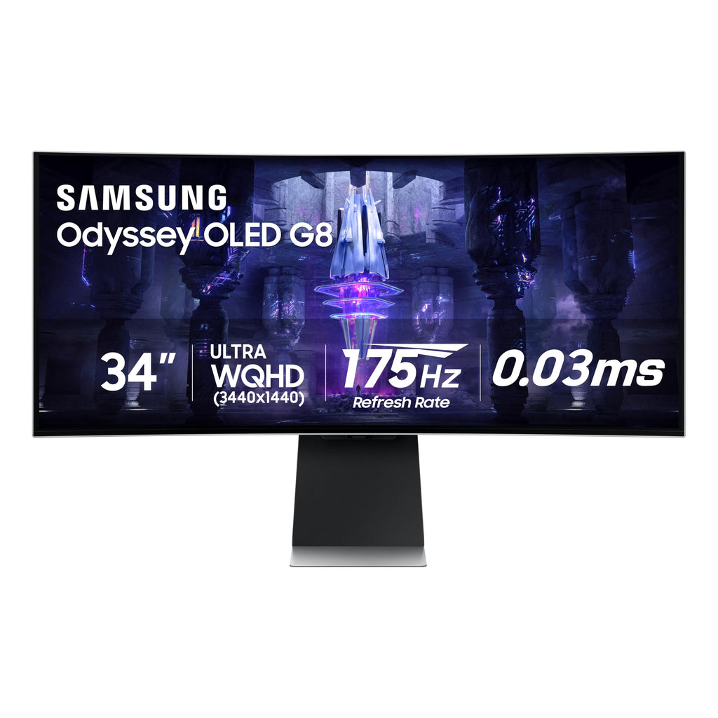 Samsung 34' Odyssey G85SB Series QD-OLED Ultra WQHD Curved Gaming Monitor, 175Hz, 0.03ms, DisplayHDR True Black 400, AMD FreeSync Premium Pro, Advanced Game Streaming, LS34BG850SNXZA
