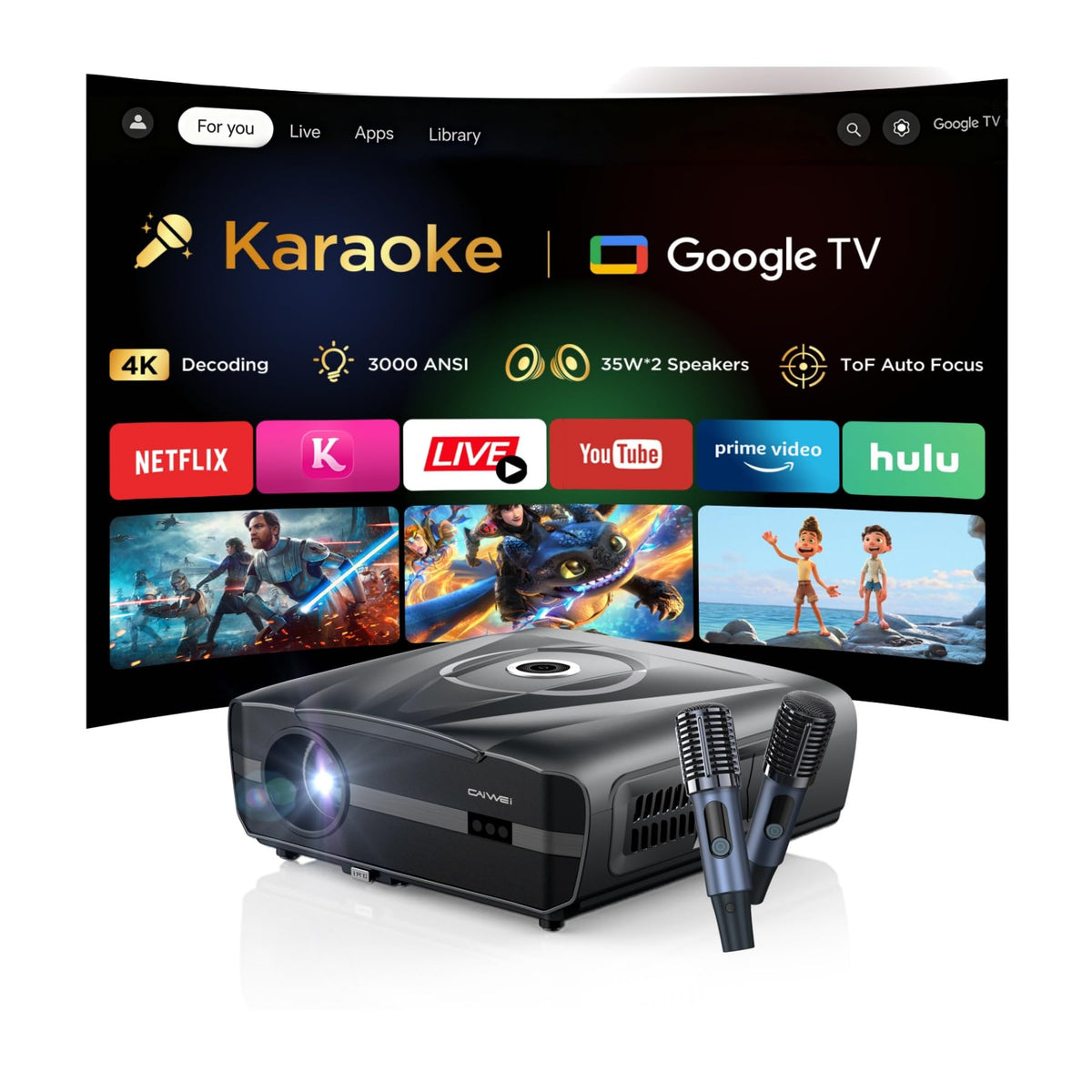 4K Google TV Projector with 2 Wireless Microphones for Home Karaoke & Backyard Parties, 3000 ANSI Lumens, 70W Dolby Audio, ToF Auto Focus/Keystone, NFC Casting, WiFi 6 Bluetooth, HDMI ARC, AI-PQ HDR10