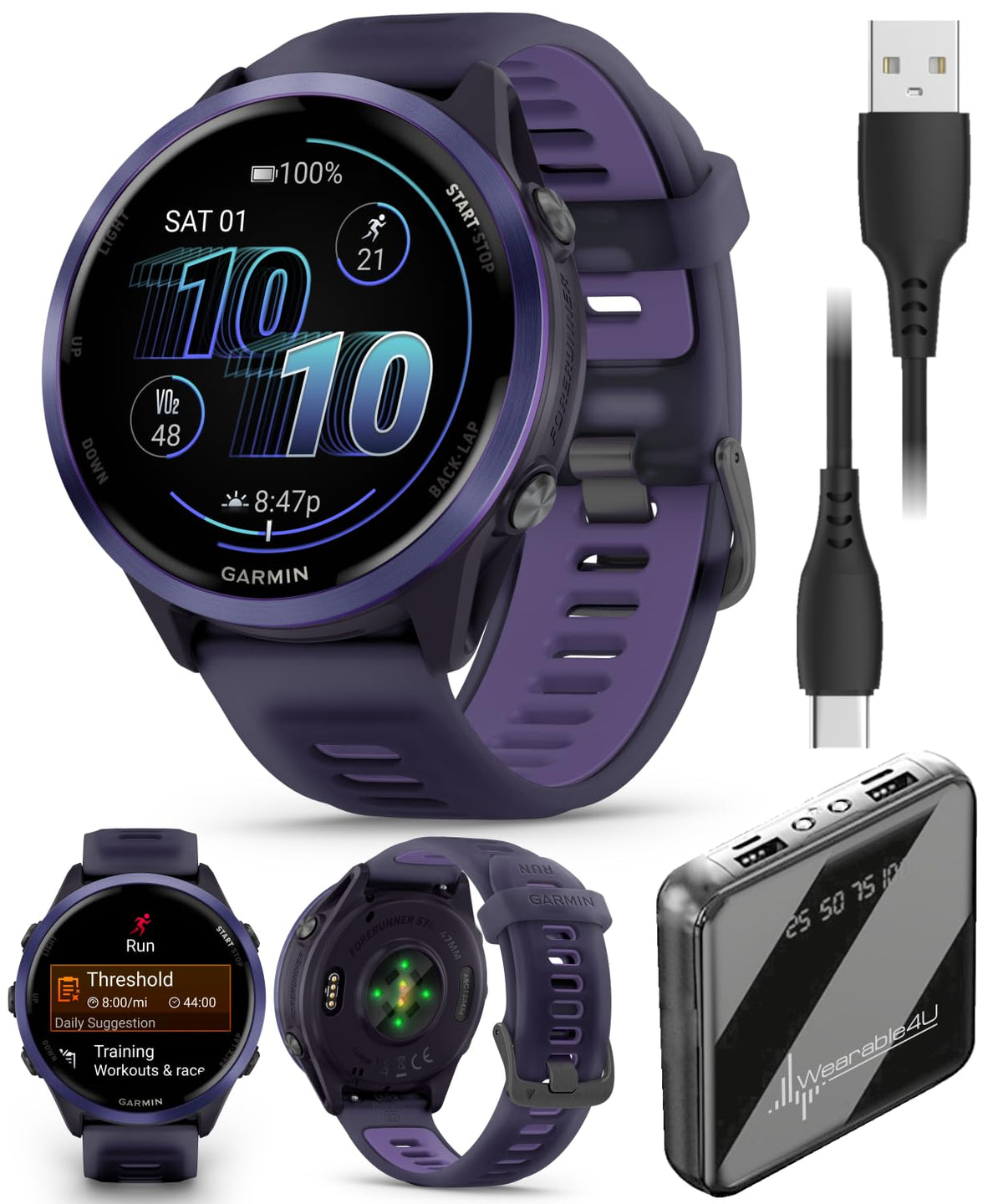 Garmin Forerunner 570 47mm Advanced GPS Running & Triathlon Smartwatch, AMOLED Display, Training & Recovery, Indigo Aluminum w/Translucent Imperial Purple/Indigo Band w/ Wearable4U PowerBank Bundle