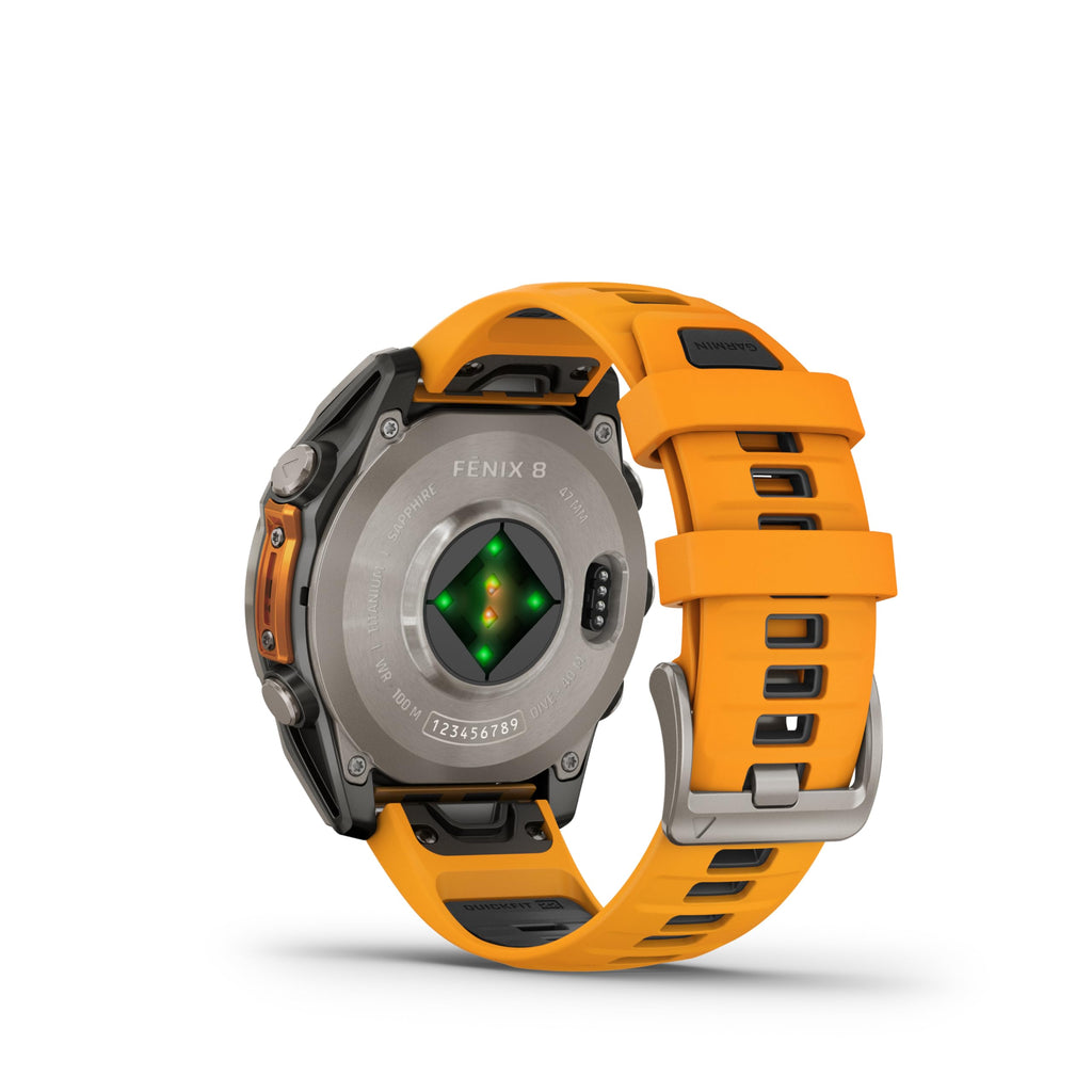 Garmin Fenix 8 – 47 mm, AMOLED Sapphire Multisport GPS Smartwatch,Titanium with Spark Orange/Graphite Silicone Band, Built-in LED Flashlight White Earbuds Bundle