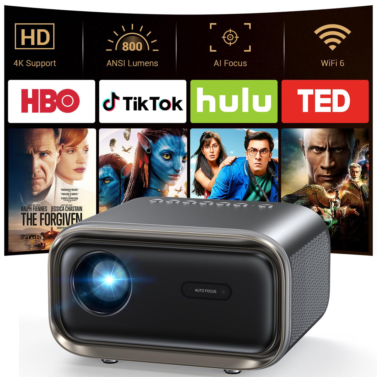 4K Outdoor Projector with Wifi and Bluetooth, Built-in Apps, Smart Projector with Auto Focus & Keystone, 1500 ANSI Lumens and 300" Movie Projector for Outdoor Use