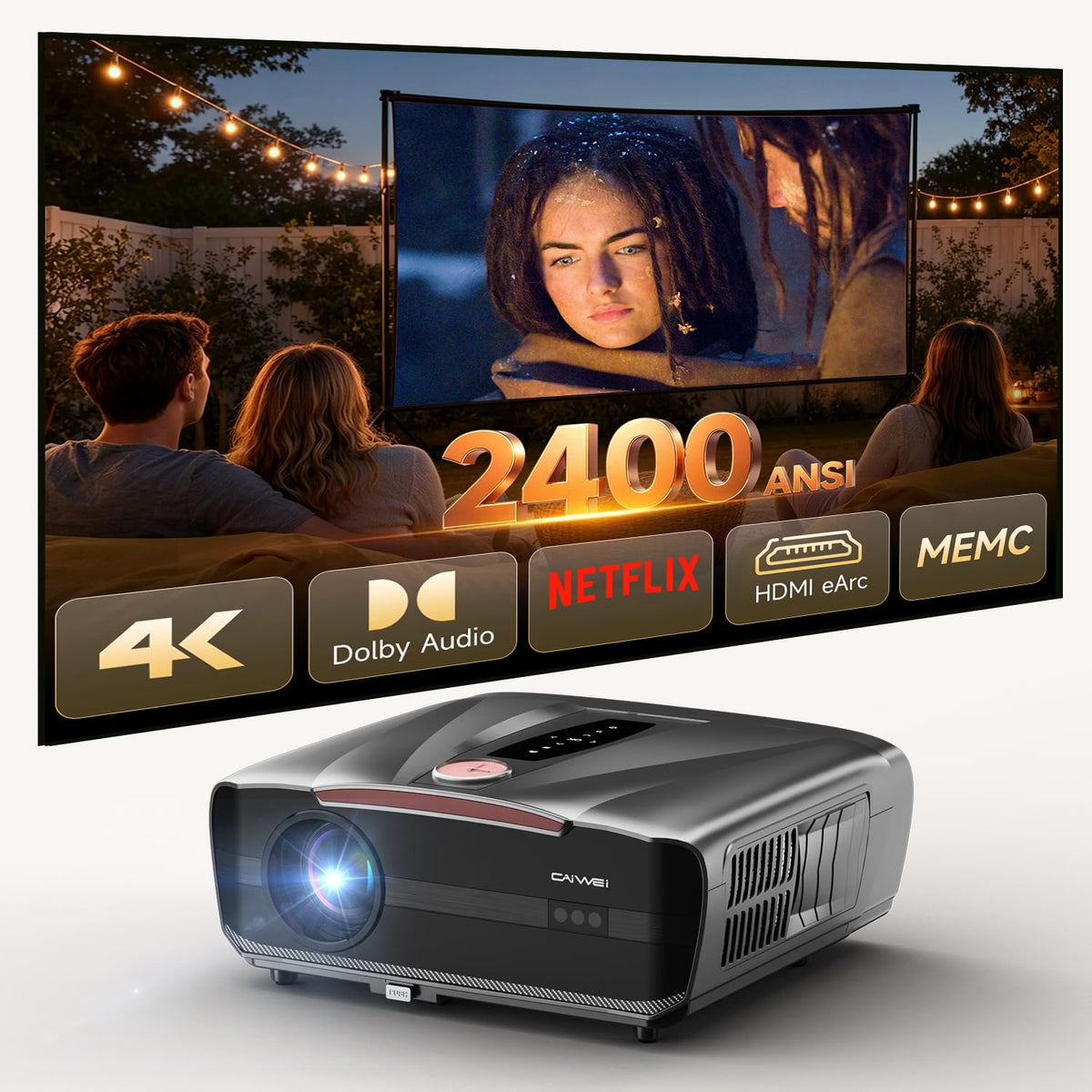4K Daylight Led Projector,2400 ANSI High Lumens,Netflix built in apps,WiFi And Bluetooth,HDR10,ToF Auto Focus,70w Dolby Audio,HDMI eARC,low latency gaming projectors For Home cinema, Ceiling & Outdoor