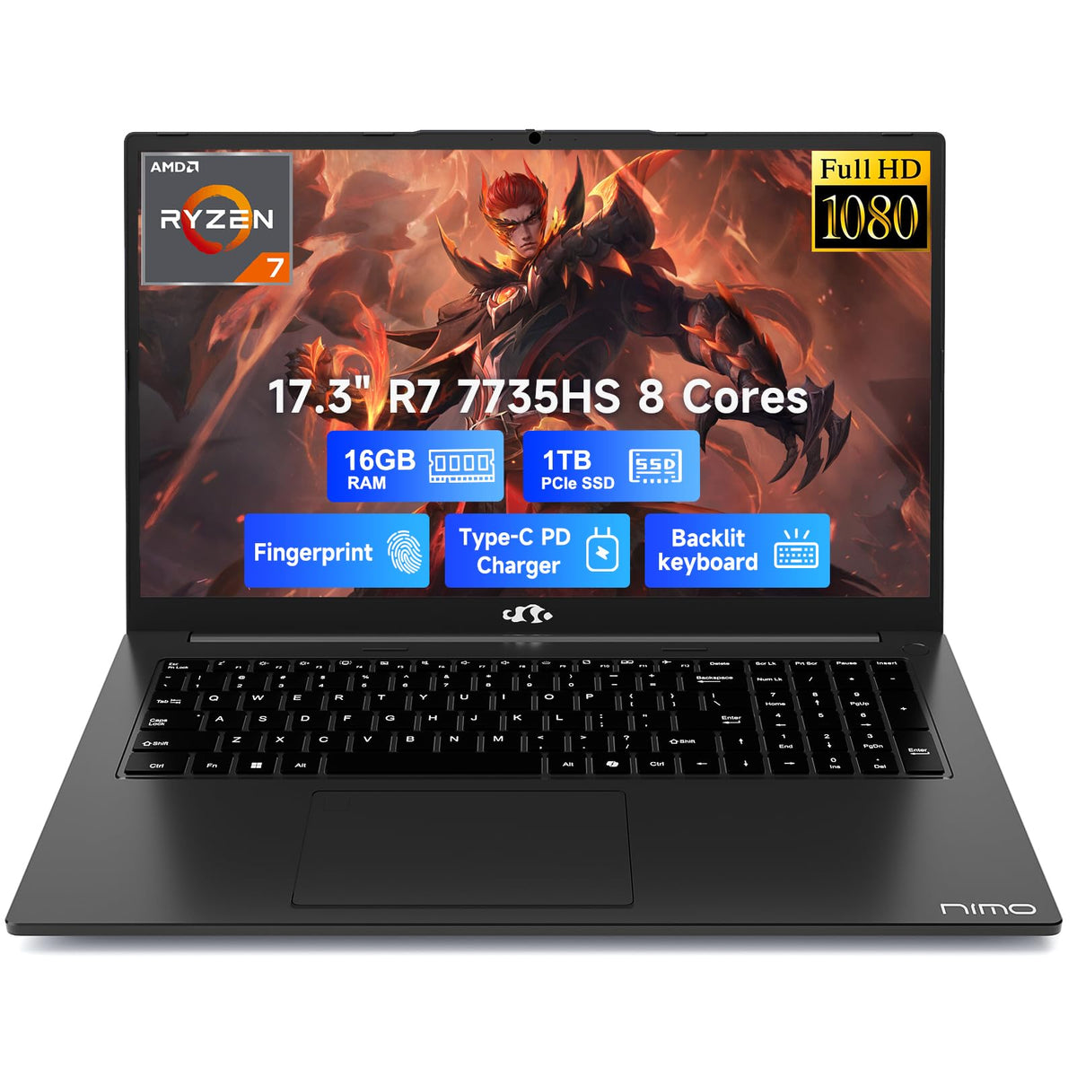 NIMO 17.3" AI Light-Gaming Laptop, AMD Ryzen 7 7735HS, 16GB DDR5 1TB SSD