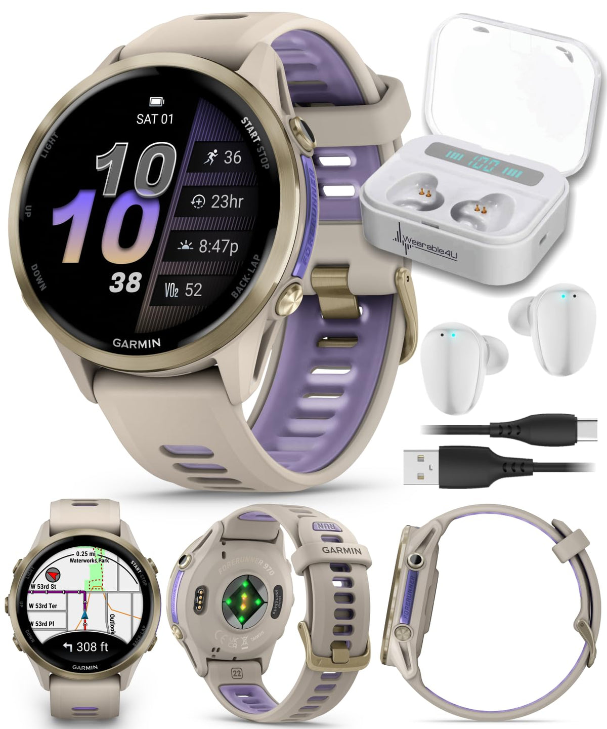 Garmin Forerunner 955 Solar, GPS Running Smartwatch with Solar Charging Capabilities, Tailored to Triathletes, Long-Lasting Battery, Whitestone with Wearable4U White Earbuds Bundle