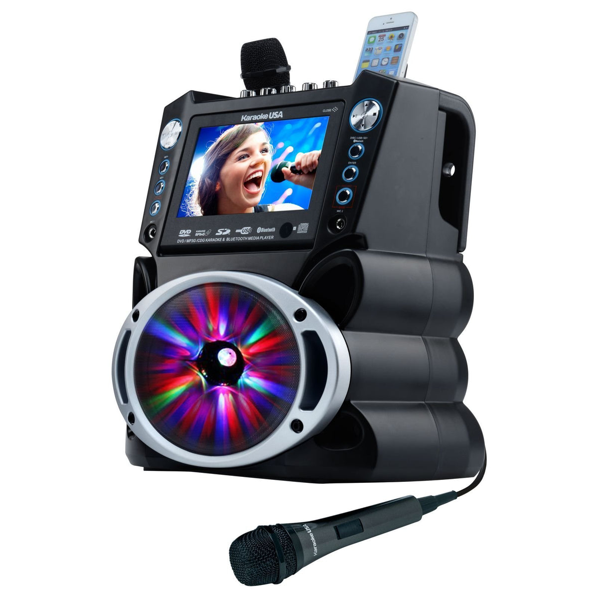 Karaoke Machine with Lyrics Display 7" Screen. CD+G, DVD, MP3+G, MP3, CD & USB. Wireless Bluetooth Speaker with LED Disco Lights. Includes 2 Wired Microphones and 2 Bonus Karaoke Discs By Karaoke USA