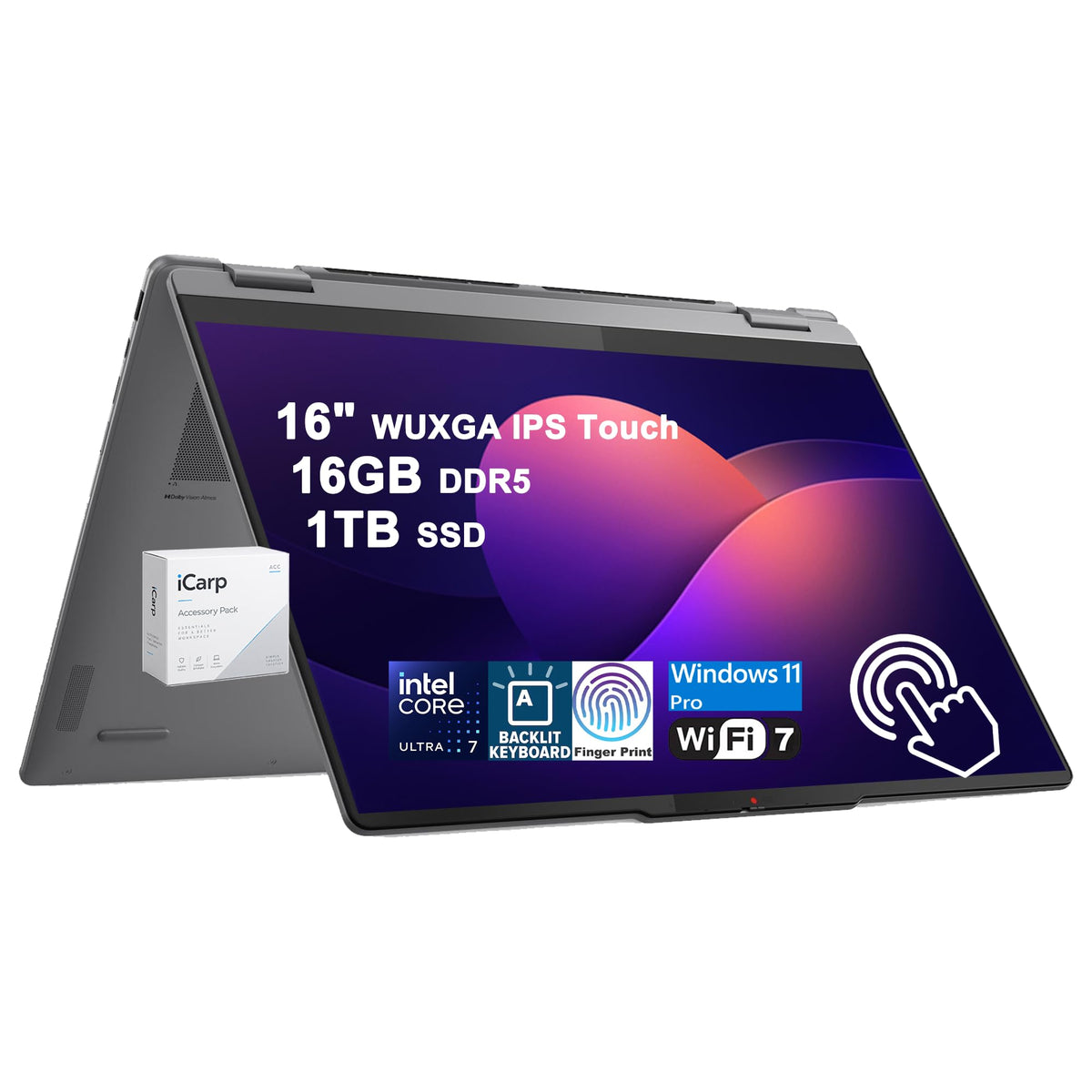 Lenovo Yoga 7 2-in-1 AI Laptop 16" WUXGA Touch Intel 8-core Ultra 7 256V (Up to 47 NPU Tops) 16GB DDR5 1TB SSD WiFi 7 Backlit Fingerprint for Creator Business Professional Win11 Pro ICP Accessory