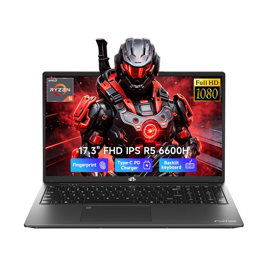 NIMO 17.3" FHD AI Laptop, 16GB 5600MHz DDR5 512GB SSD 6-Core AMD R5 6600H