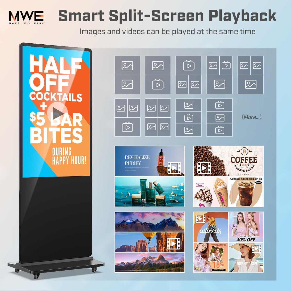 MWE 55 Inch 4K Touchscreen Kiosk, Indoor Floor Standing Digital Signage Displays, Advertising Display LCD Totem, Interactive Display Poster Android System with Auto Media Player