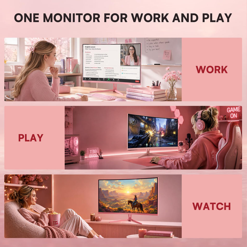 27 Inch Pink Curved Computer Monitor, FHD 1080P 100Hz, Eye Care