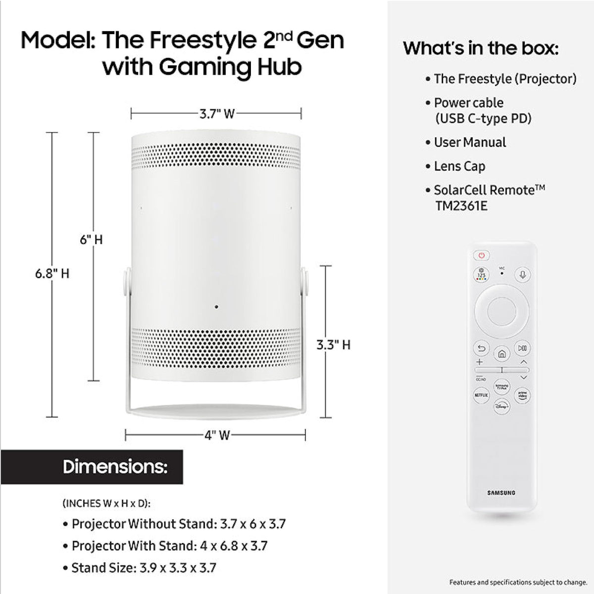 SAMSUNG 30-100 Inch The Freestyle 2nd Gen with Gaming Hub Smart Portable Projector, FHD, HDR, Home Theater Experience with Large Screen, 360 Sound, SP-LFF3CLAXXZA, 2023 Model