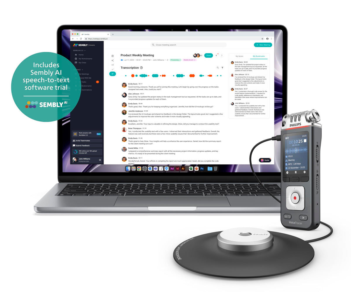 Philips VoiceTracer DVT8115 Meeting Recorder with Sembly AI Speech-to-Text Software Trial