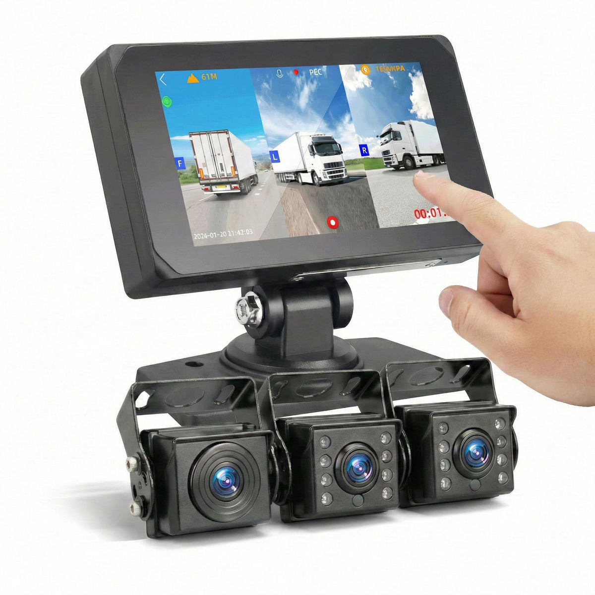 T5 3-Channel Truck Dash Cam System with 5" Touch Screen, 1080P Front & Side Blind Spot Cameras, 5G WiFi GPS Bluetooth & FM Audio, IP67 Waterproof IR Night Vision, 12V/24V for RVs & Trailers