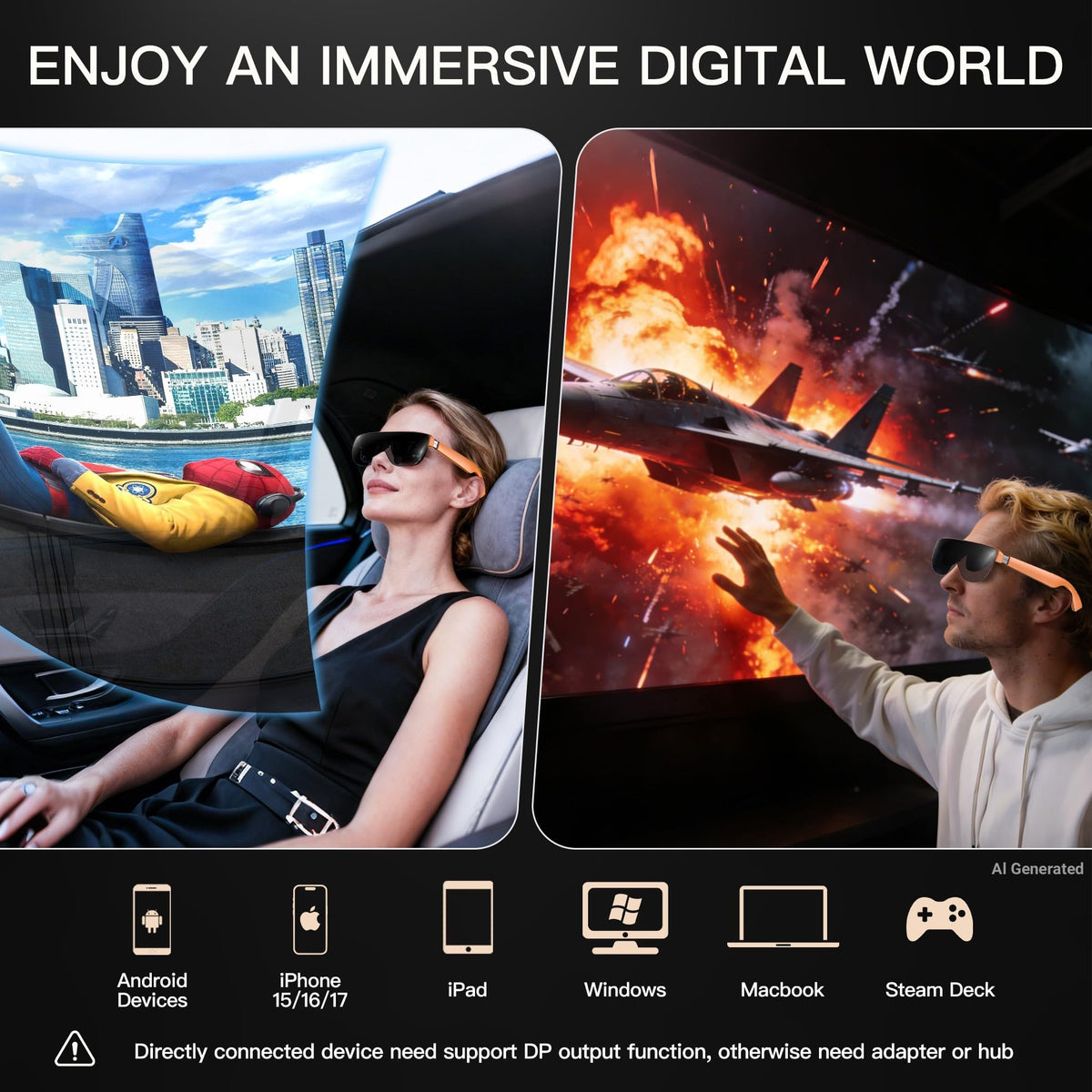 AiRA XR AR Glasses 160" Big Screen 120Hz USB-C for Steam Deck ROG