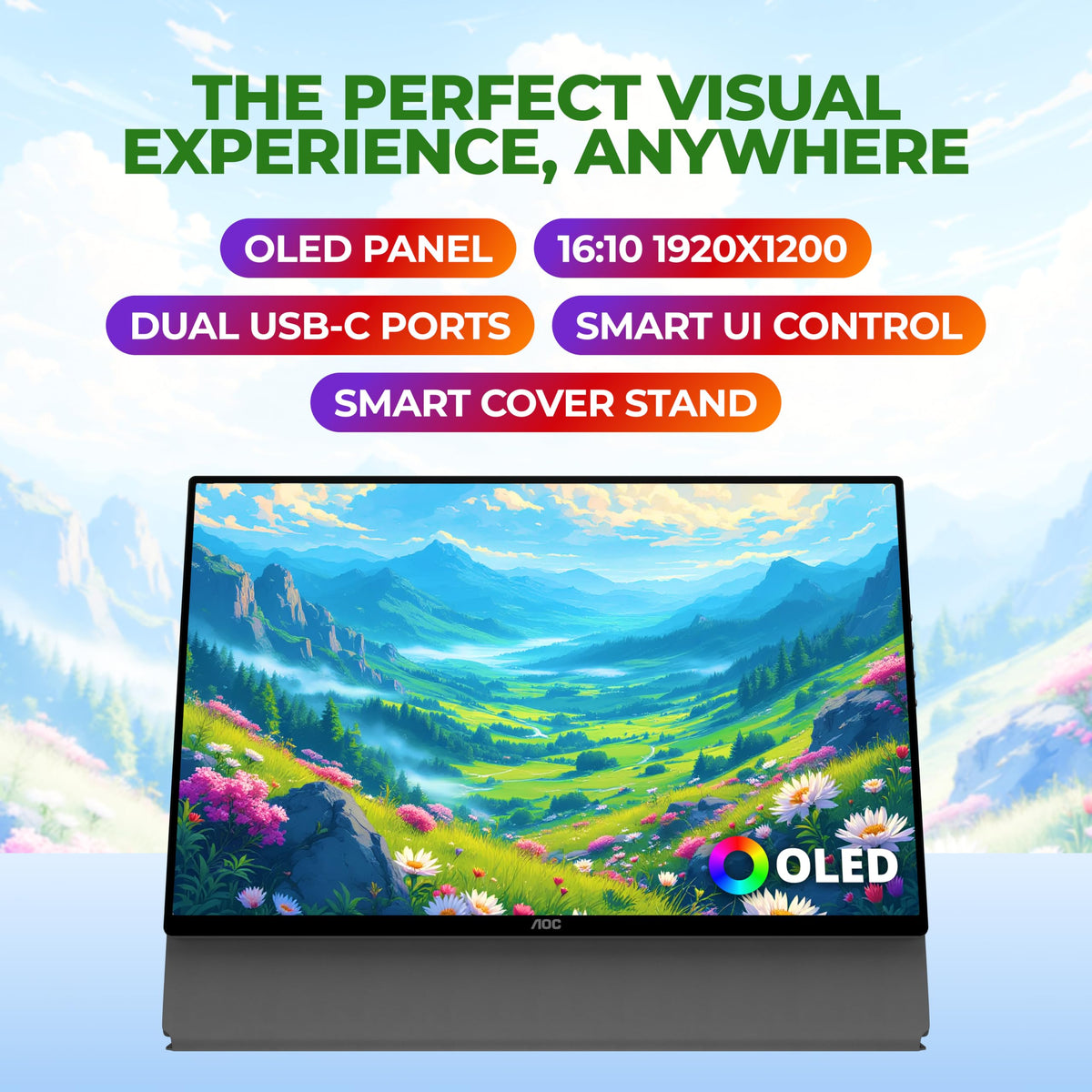 AOC 16 Inch Portable Monitor OLED WUXGA USB-C Mini HDMI Ultra Slim, 16T40D