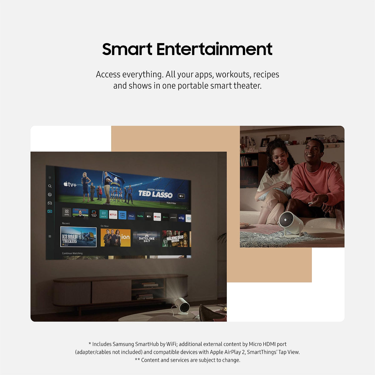 SAMSUNG 30-100 Inch The Freestyle 2nd Gen with Gaming Hub Smart Portable Projector, FHD, HDR, Home Theater Experience with Large Screen, 360 Sound, SP-LFF3CLAXXZA, 2023 Model