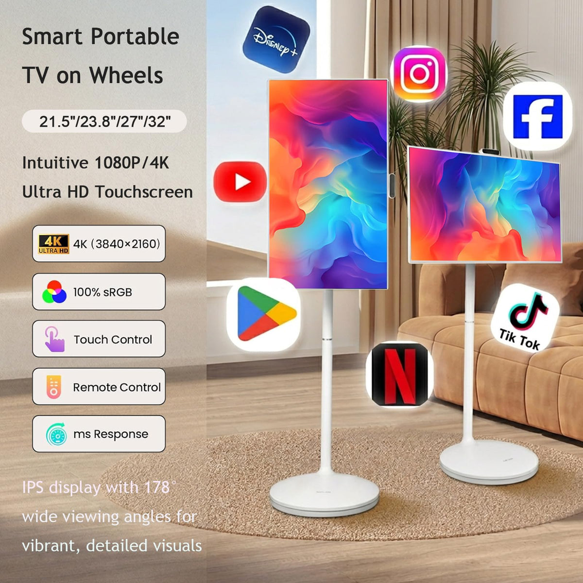 Smart Portable TV on Wheels, 21.5" FHD Touchscreen Monitor, Android 13, 8GB RAM + 128GB Storage, Wireless Movable Display, Built-in 1MP Camera, 10W Stereo Speakers, Long Battery Life (6-8 Hours)
