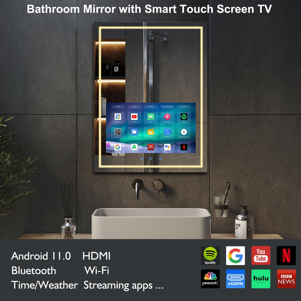 24x32 Inch LED Smart Bathroom Mirror with 21.5" Hidden Touchscreen System