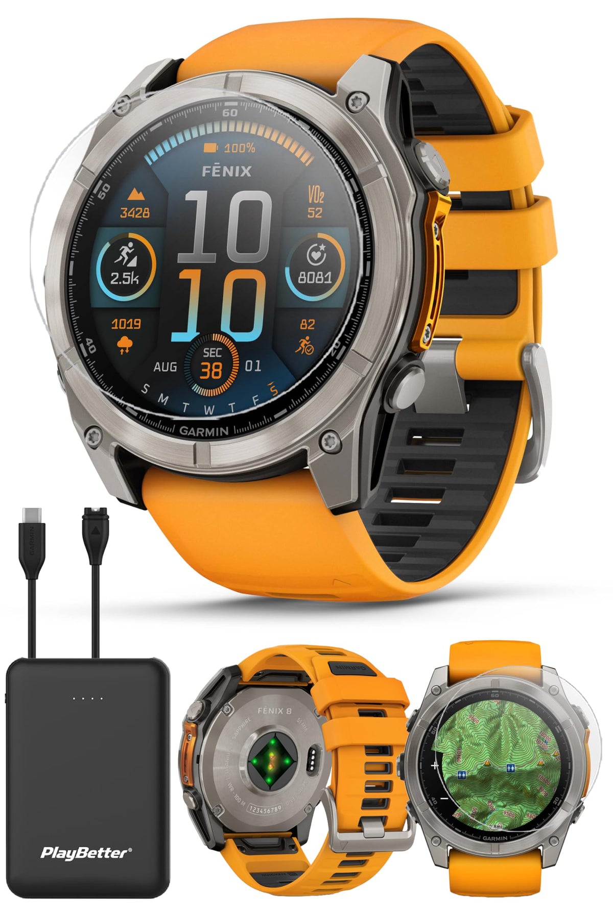 Garmin Fenix 8 (Amp Yellow, 51mm) Solar Sapphire GPS Watch Bundle