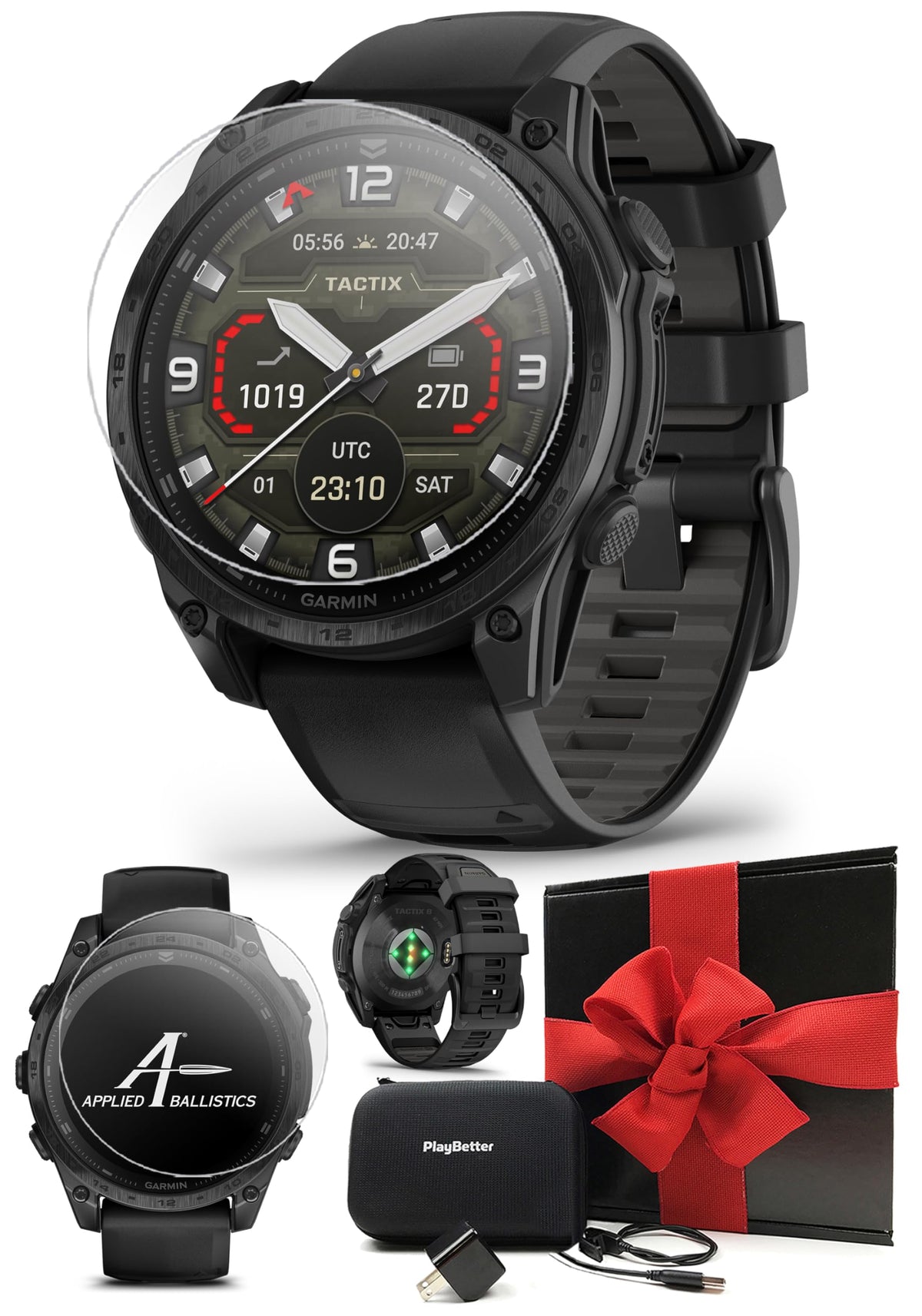 Garmin tactix 8 AMOLED (47mm) Premium Tactical GPS Smartwatch Gift Box Bundle - Applied Ballistics Ultralight Solver, Built-in LED Flashlight with PlayBetter Screen Protectors, Wall Adapter & Case
