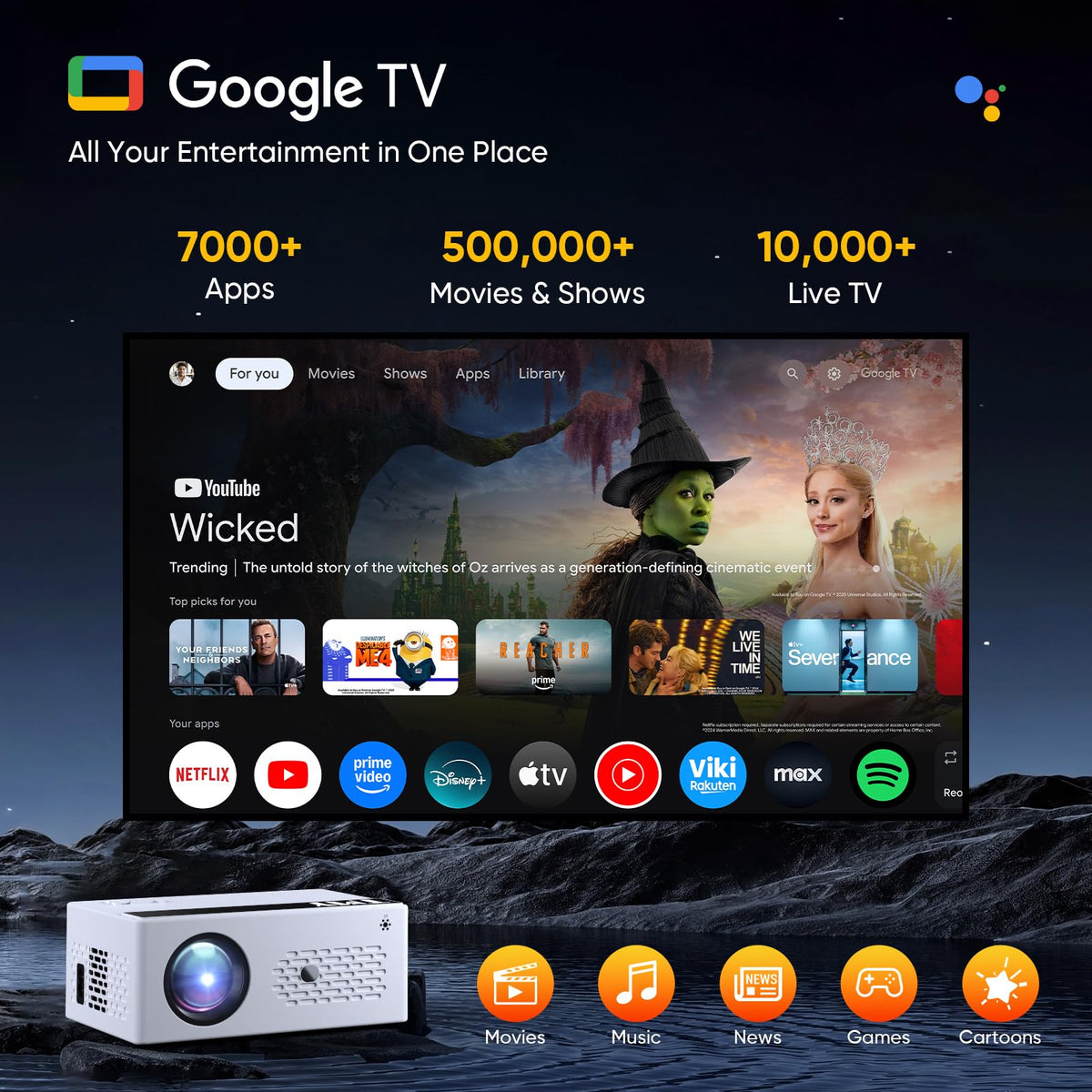 TMY Smart Projector with Google TV Built-in, Native 1080P 4K Home Theater