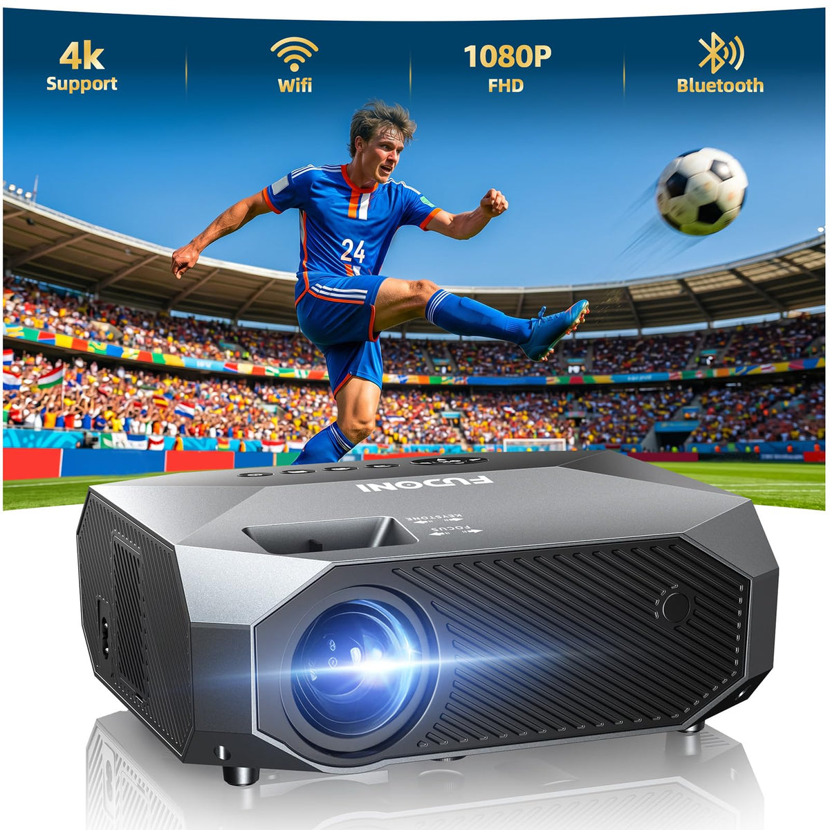 FUDONI Smart WiFi6 Projector with WiFi & Bluetooth，Compatible With Netflix