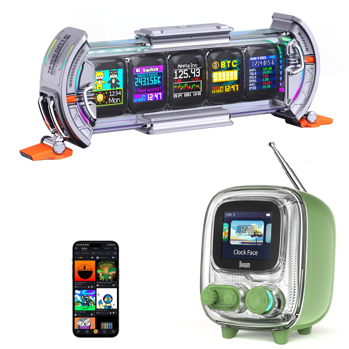 Divoom Times Gate and Tiivoo-2,Cyberpunk Gaming Setup Digital Clock with Smart APP Control and Mini TV Retro Bluetooth Speaker,Cute Decor for Bedroom,Bedside Desk