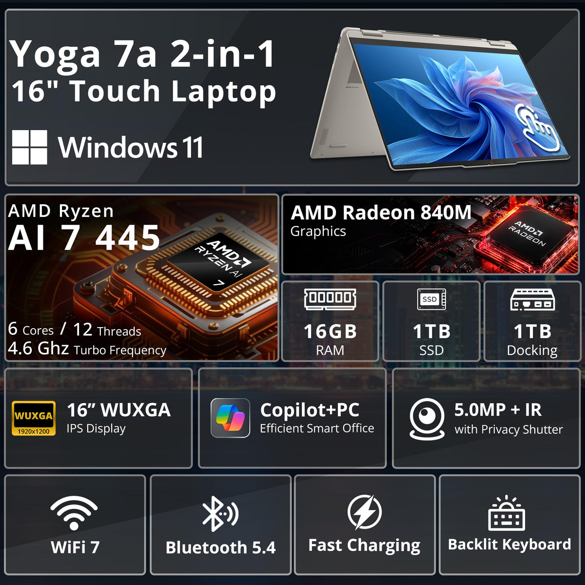 Lenovo Yoga 7a 2‑in‑1 Touch Laptop, 16" WUXGA IPS Display, AMD Ryzen AI 7 445, 16GB LPDDR5X, 2TB Storage(1TB SSD+1TB Docking Station), AMD Radeon 840M, Backlit, Fingerprint Reader, Win 11, Seashell