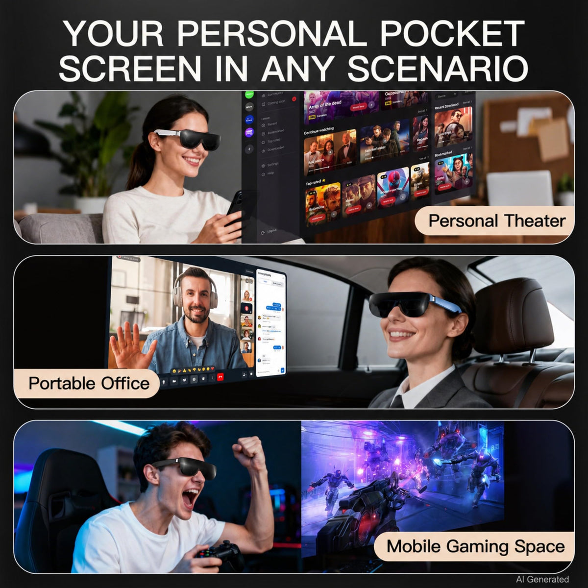 AiRA XR AR Glasses 160" Big Screen 120Hz USB-C for Steam Deck ROG