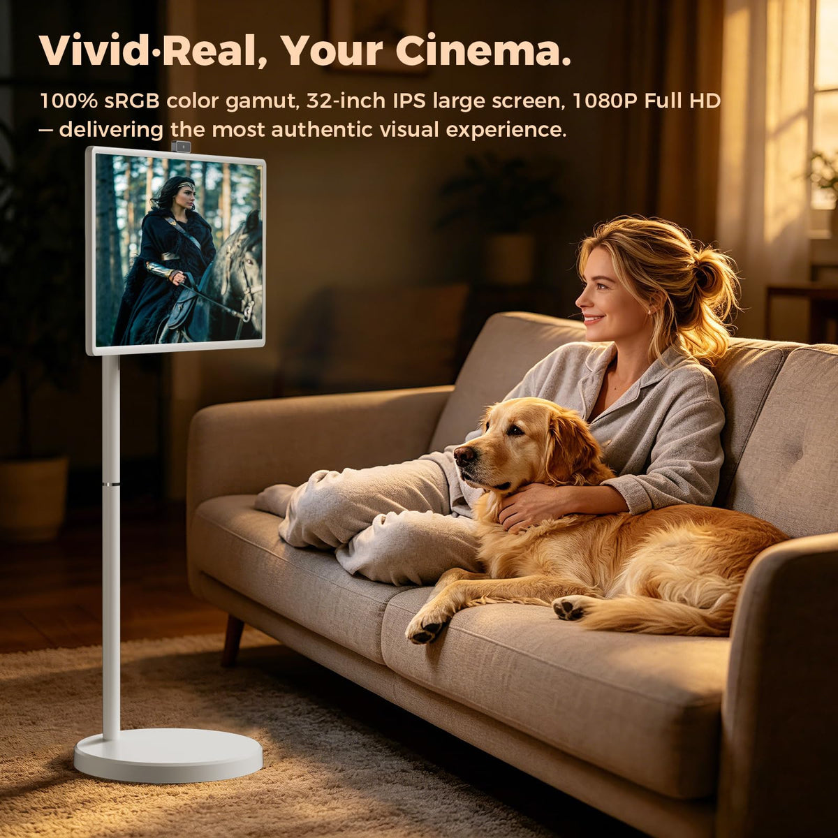 32 Inch Smart TV, Portable TV on Wheels with Rotatable Touch Screen, Rolling Stand, Built-in Battery, 8GB RAM + 128GB Storage, Dual-Band Wi-Fi, Bluetooth 5.0, Remote