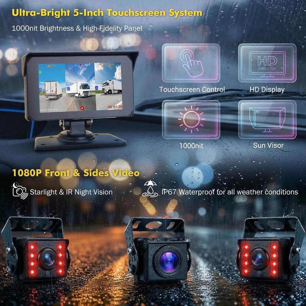 T5 3-Channel Truck Dash Cam System with 5" Touch Screen, 1080P Front & Side Blind Spot Cameras, 5G WiFi GPS Bluetooth & FM Audio, IP67 Waterproof IR Night Vision, 12V/24V for RVs & Trailers