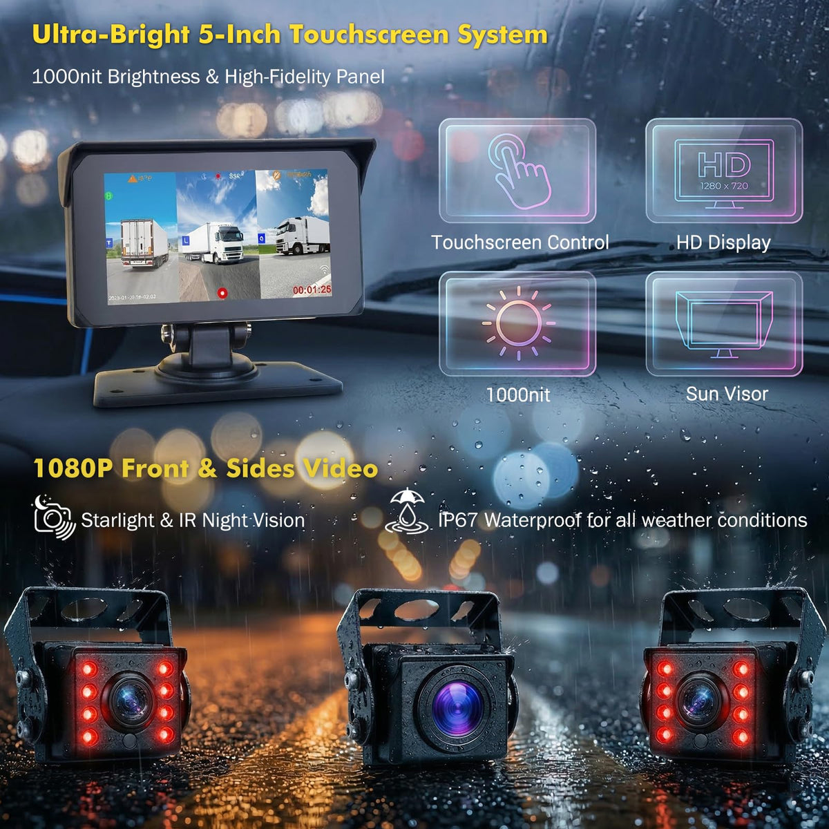 T5 3-Channel Truck Dash Cam System with 5" Touch Screen, 1080P Front & Side Blind Spot Cameras, 5G WiFi GPS Bluetooth & FM Audio, IP67 Waterproof IR Night Vision, 12V/24V for RVs & Trailers