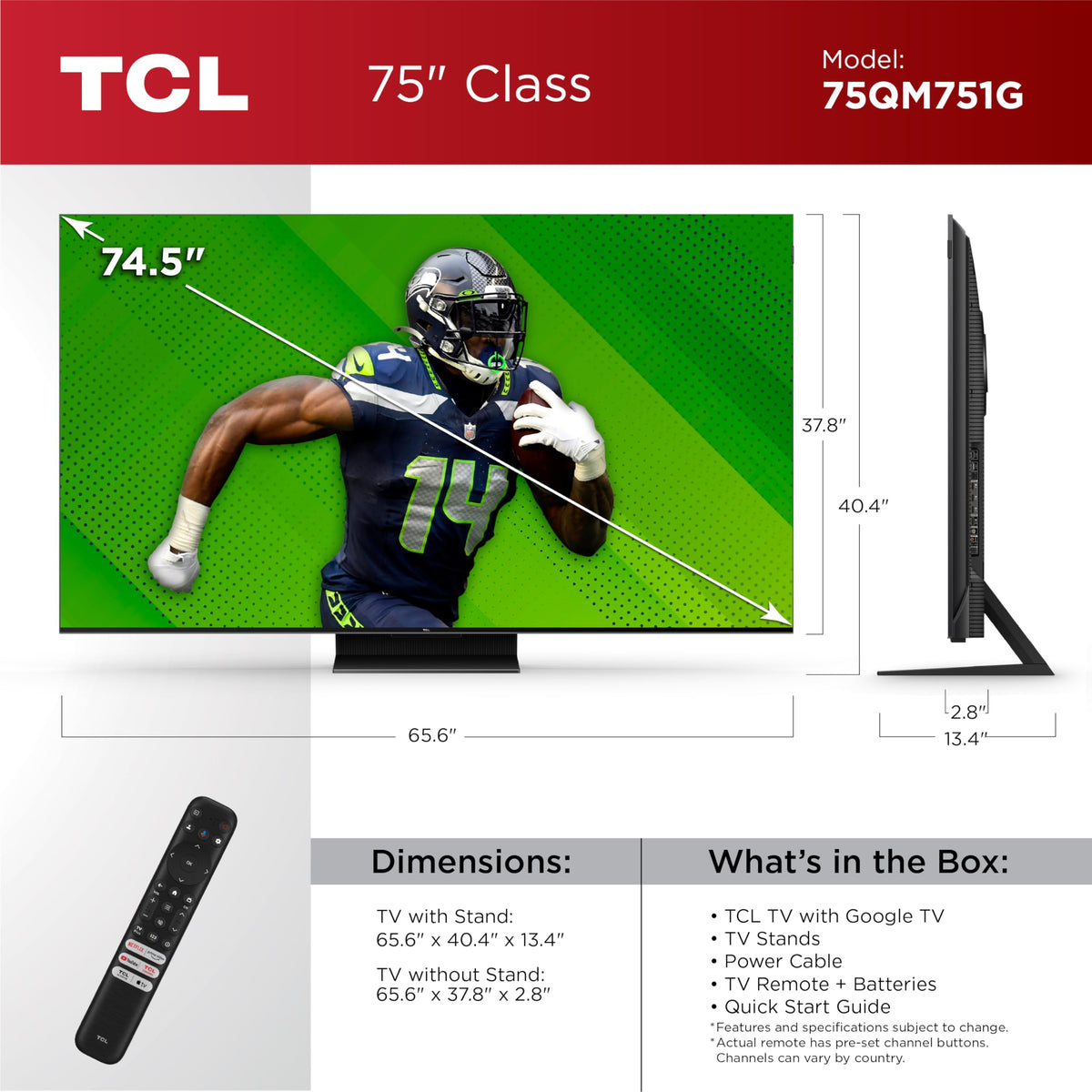 TCL 75-Inch QM7 QLED 4K Smart QD-Mini LED TV with Google TV (75QM751G, 2024 Model) Dolby Vision IQ, Dolby Atmos, HDR, Game Accelerator up to 240Hz, Voice Remote, Works with Alexa, Streaming Television
