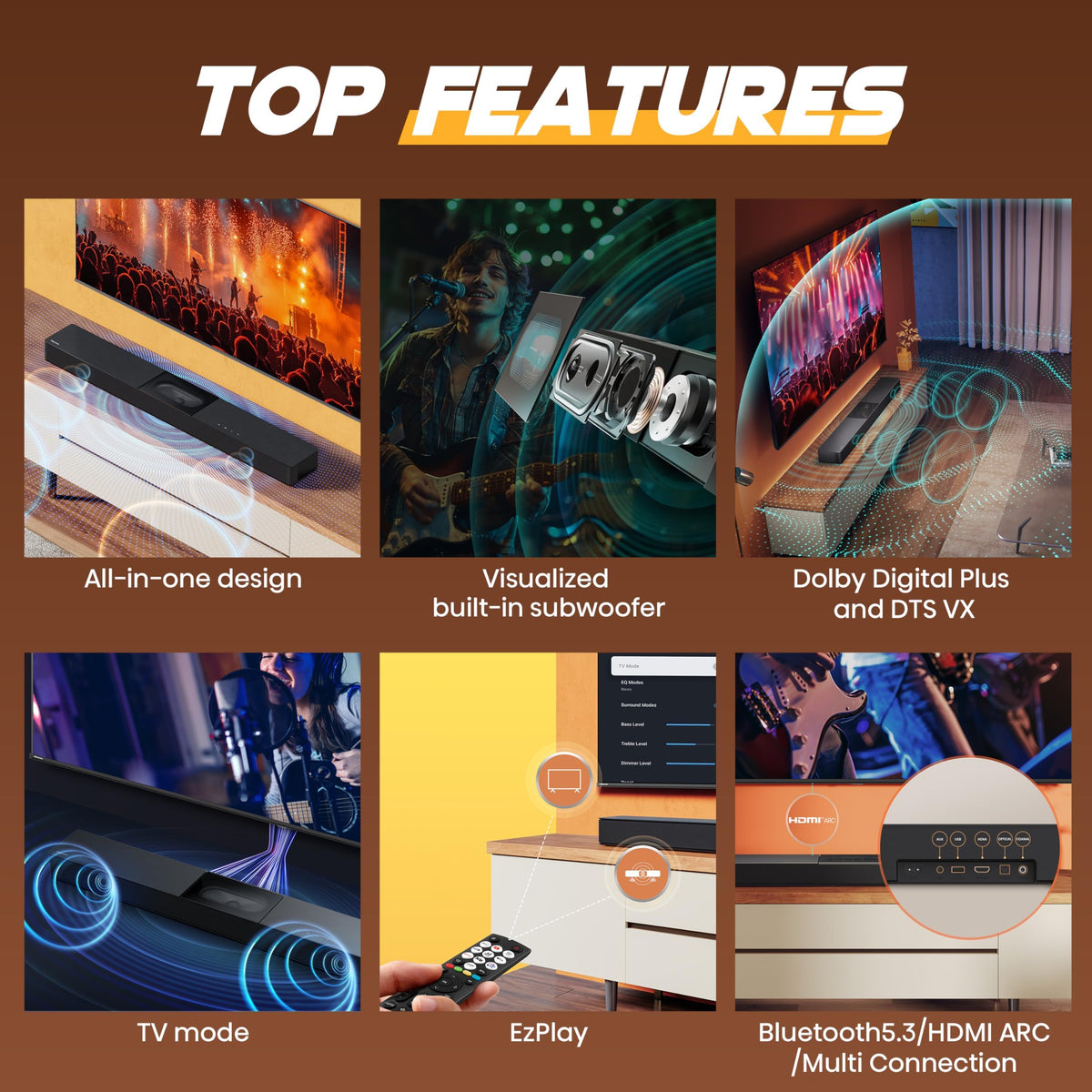 Hisense A620 2.1ch All-in-one Sound Bar with Built-in Subwoofer, 240W, DTS Virtual: X, Dolby Dightal Plus, Bluetooth 5.3, Roku TV Ready, HDMI ARC/AUX/USB, Ez Play, Black (A620, 2024 Model) (Renewed)