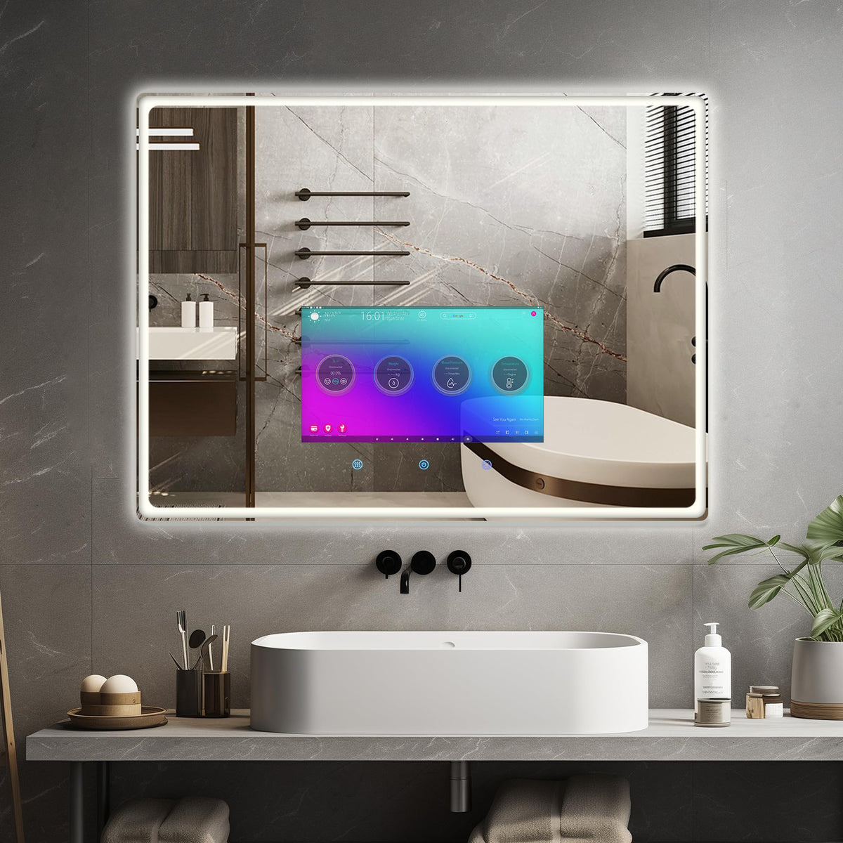 32×24 Inch Smart Vanity Bathroom Mirror with 15.6" Waterproof Touchscreen TV, Android OS, WiFi/Bluetooth/HDMI, Anti-Fog, 3-Color LED Lights for Bathroom,Bedroom,Hotel&Spa Wall Mounted