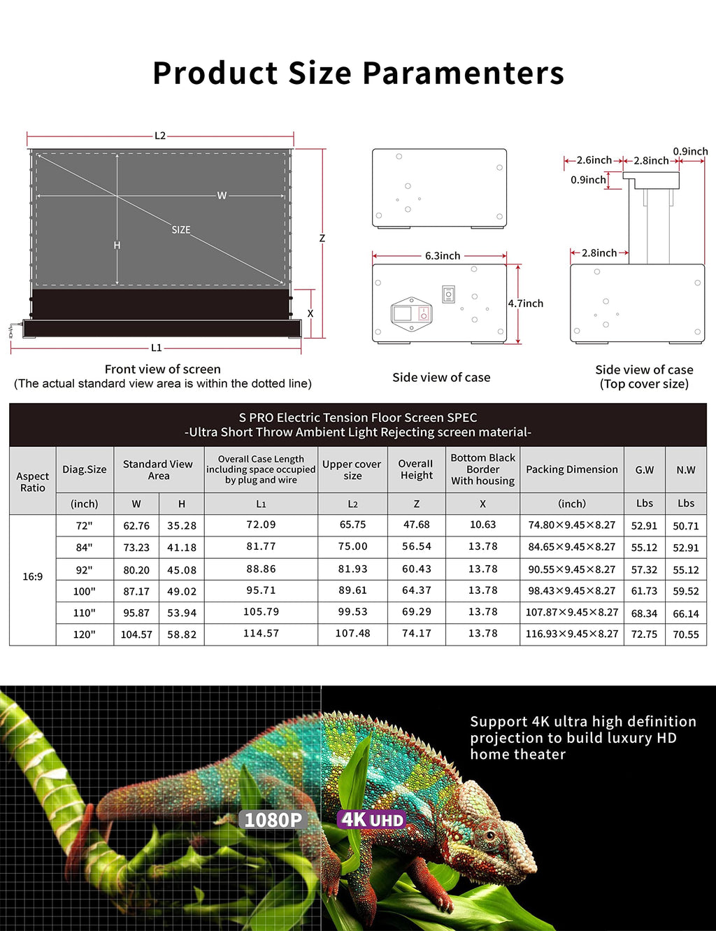 VIVIDSTORM-Home Cinema S PRO P 72 inches Portable Folding Stand Floor Rising Movie Screen Sound Transparent Perforated Ambient Light Rejecting Screen Compatible with UST Laser Projector,VSDSTUST72HP