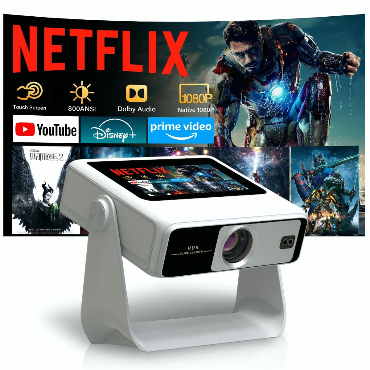 TouchScreen Smart Portable Projector,A2Ultra 4K Support Outdoor Projector with WiFi6 and Bluetooth, 800 ANSI Dual-Screen Sync,1000+ Apps, Auto Focus Movie Proyector for Home Theater/Outdoor/Gaming